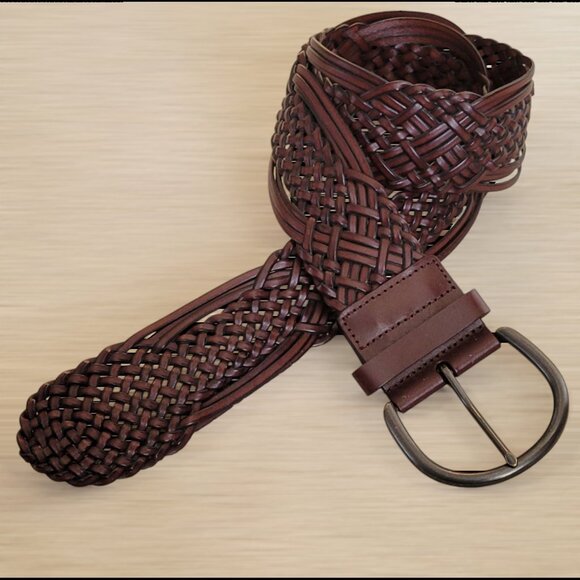 Dark Brown Leather Woven Braided Wide Western Rockabilly Belt NEW - Picture 2 of 12